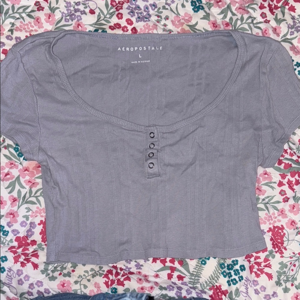 Aeropostale Light Blue Ribbed Button Crop Top